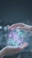 Protective hands surrounding glowing digital gears and network connections symbolizing technology innovation and data security in business environment.