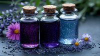 Glass bottles with purple and blue magical potion surrounded by lavender flowers and daisies on dark surface. Mystical spa wellness concept with aromatic oils.