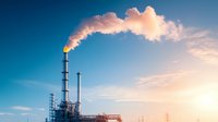 Industrial power plant with smoking chimneys against blue sky at sunset, steam rising from cooling towers in golden evening light, energy production facility.