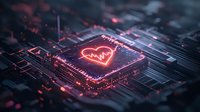 Glowing red heart rate pulse on computer processor chip, futuristic circuit board background with neon lighting effects for healthcare technology concept.