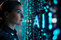 Young Caucasian businesswoman looking at glowing digital letter A against blue bokeh background, profile view showing determination and innovation in technology space.