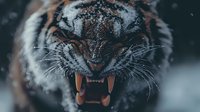 Fierce tiger snarling with bared fangs and intense expression in dramatic close-up portrait showing powerful predator aggression and wild animal behavior.