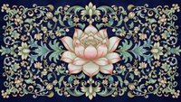 Ornate lotus flower surrounded by decorative floral scrollwork on dark background for luxury textile and wallpaper design projects.