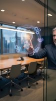 Mature businessman touching holographic lightbulb interface with innovation icons in modern office conference room for business technology concepts.