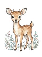 Cute young deer with spotted coat standing among wildflowers and botanical elements on white background, isolated clipart for children's designs, nursery decor, and apparel printing.