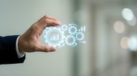 Business professional hand presenting digital analytics icons with charts and graphs for corporate data visualization and technology solutions.