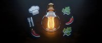 Glowing vintage light bulb surrounded by culinary icons including chef hat, utensils, herbs and chili peppers on dark background for restaurant creativity.