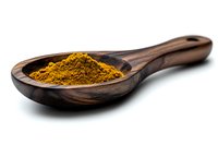 Ground turmeric powder in dark wooden spoon against white background, aromatic Indian spice for cooking and natural medicine, isolated macro shot.