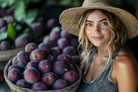 Young Caucasian woman in straw hat smiling next to basket of fresh figs at farmers market. Natural light highlights seasonal harvest.