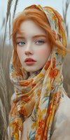 Young woman with fair complexion and striking blue eyes, red-orange hair, wearing a floral patterned headscarf in warm tones, surrounded by dried wheat stalks in soft natural lighting.