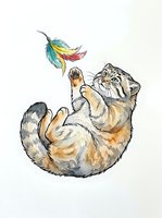 Playful cat reaching for colorful feathered toy, isolated on white background. Hand-drawn watercolor style artwork suitable for nursery decor, children's books, greeting cards, and apparel design.