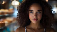 Young African American woman with natural curly hair and gentle smile in soft ambient lighting, creating warm and inviting atmosphere for lifestyle, beauty, and portrait photography.