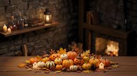Autumn harvest arrangement with various sized pumpkins and gourds on wooden table against rustic stone fireplace background with warm candlelight.