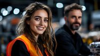 Young female warehouse worker in orange safety vest smiling at camera with bearded coworker in background during night shift at industrial facility.