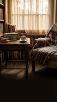 Cozy reading nook with stacked books, steaming coffee cup, patterned throw blanket on armchair, and sunlit sheer curtains filtering warm light through window for relaxation and literature enjoyment.