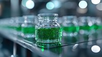Glowing green liquid in glass jar with metallic lid against blurred bokeh background, mysterious scientific experiment concept with reflective surface.