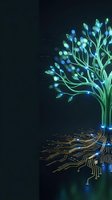 Digital tree with glowing blue and green leaves connected to circuit board roots on dark background for technology and nature fusion concepts.