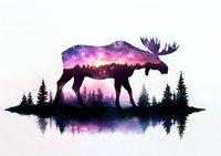 Mystical moose silhouette filled with cosmic galaxy and aurora borealis sky, reflected in water with pine forest landscape, artistic nature double exposure effect.