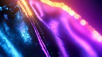 Vibrant abstract background with glowing neon waves in purple, blue and orange colors featuring bokeh light effects and shimmering particles on dark backdrop.
