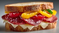 Gourmet peanut butter and jelly sandwich with colorful fruit preserves on artisan bread, perfect for food blogs, restaurant menus and culinary content.