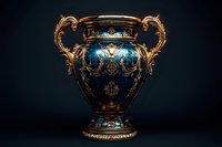 Ornate baroque style vase with blue enamel and gilded bronze decorative elements featuring intricate floral patterns and handles against dark background.
