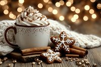 Hot chocolate with whipped cream, gingerbread cookies and cinnamon sticks on wooden table with warm bokeh lights creating cozy winter holiday atmosphere.