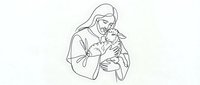 Tender mother holding newborn baby in loving embrace, continuous line art drawing on white background for parenting and family design projects.