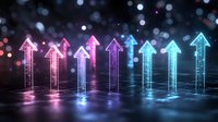 Glowing neon arrows pointing upward in vibrant pink and blue colors against dark bokeh background representing growth, success and business progress.