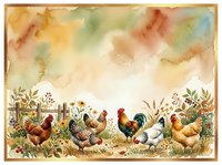 Watercolor farm scene with roosters, hens, and chickens among garden plants and wildflowers. Rustic countryside illustration suitable for farmhouse decor, agricultural designs, and rural-themed projects.