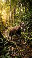 Wild boar running through dense tropical rainforest with sunlight filtering through canopy creating dramatic lighting and motion blur effect.