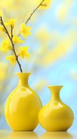 Yellow ceramic vases with blooming winter jasmine branch against soft blue background, creating minimalist spring composition with gentle bokeh effect.