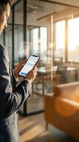 Professional businessman using smartphone with digital interface icons in modern office environment for mobile business applications and connectivity.