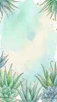 Watercolor succulent and aloe border frame with gold splatter on soft mint background, copy space for text or design projects.