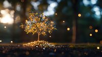 Small glowing tree on coins pile against blurred bokeh lights background, magical financial growth concept for business and investment success.