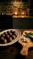 Rustic meatballs on ceramic plate beside wooden cutting board with garlic and herbs, warm candlelit kitchen atmosphere, moody food photography.