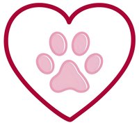 Pink dog paw print inside red heart outline on white isolated background, suitable for pet care logos, veterinary clinics and animal love concepts.