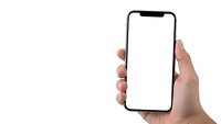 Female hand holding modern smartphone with blank white screen isolated on white background for mobile app presentation and mockup design.