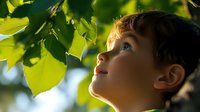 Young Caucasian boy gazing up at sunlit green leaves with wonder and curiosity, side profile view capturing childhood exploration and connection with nature in summer.
