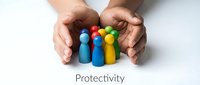 Protective hands covering colorful wooden peg people figures representing family safety, insurance coverage, and community care concepts for business.