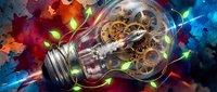 Creative lightbulb with mechanical gears and clockwork inside glowing against colorful abstract watercolor background with light effects for innovation concepts.