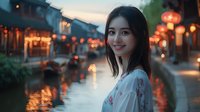 Young Asian woman in white floral dress smiling at dusk along traditional water canal with glowing red lanterns and historic buildings creating atmospheric evening scene.