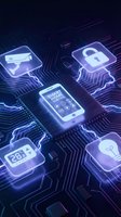 Smartphone with smart home app surrounded by neon glowing icons for security, temperature control, and lighting on digital circuit board background for IoT technology concepts.