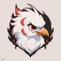 Fierce eagle head mascot with white feathers and red accents against black shield background, stylized anime-inspired design for gaming and sports branding.