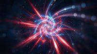 Glowing spiral vortex with red and blue neon light rays bursting outward against dark background, creating dynamic energy effect for sci-fi and technology designs.