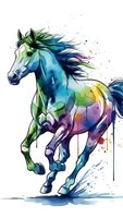 Vibrant watercolor horse galloping with rainbow splashes and paint drips on white background for artistic designs and creative projects.