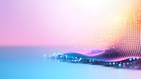 Abstract digital wave pattern with glowing particles and dots on gradient pink, blue and orange background, modern technology concept for presentations and designs.