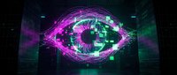 Digital eye with neon purple and green glowing effects in futuristic cyber space environment for technology and artificial intelligence concepts.