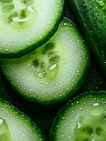 Fresh sliced cucumber with water drops in macro view showing detailed texture and seeds, natural green vegetable background for healthy eating concept.