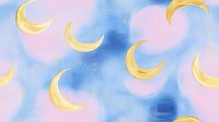 Dreamy celestial pattern with golden crescent moons and pink clouds on soft blue watercolor background, seamless repeat design for fabric and wallpaper.
