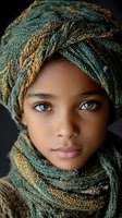 Young mixed-race woman wearing colorful knitted headwrap and scarf in earth tones. Portrait showcasing natural beauty and cultural fashion accessories.